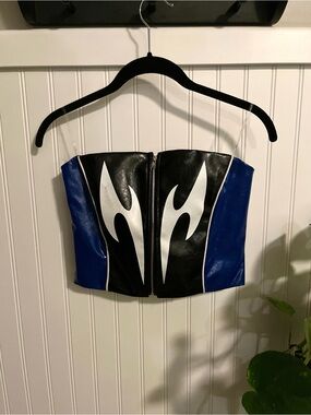 Black & Blue Faux Leather Flame Zip Front Bustier